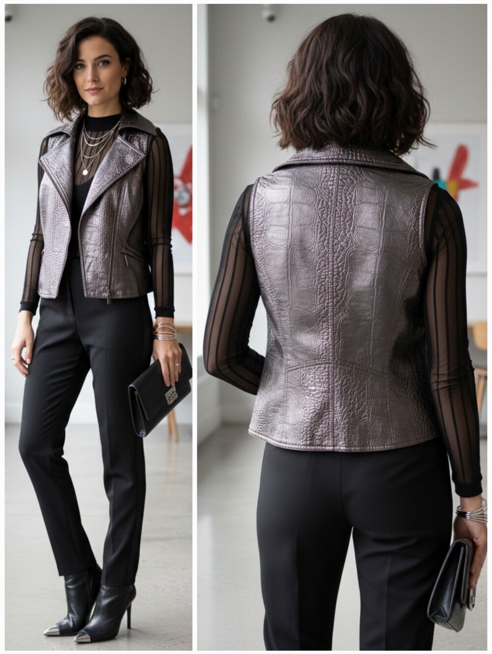 Bebe M Vintage Y2K Modern Contemporary Croc Embossed Metallic Vegan Moto Vest
